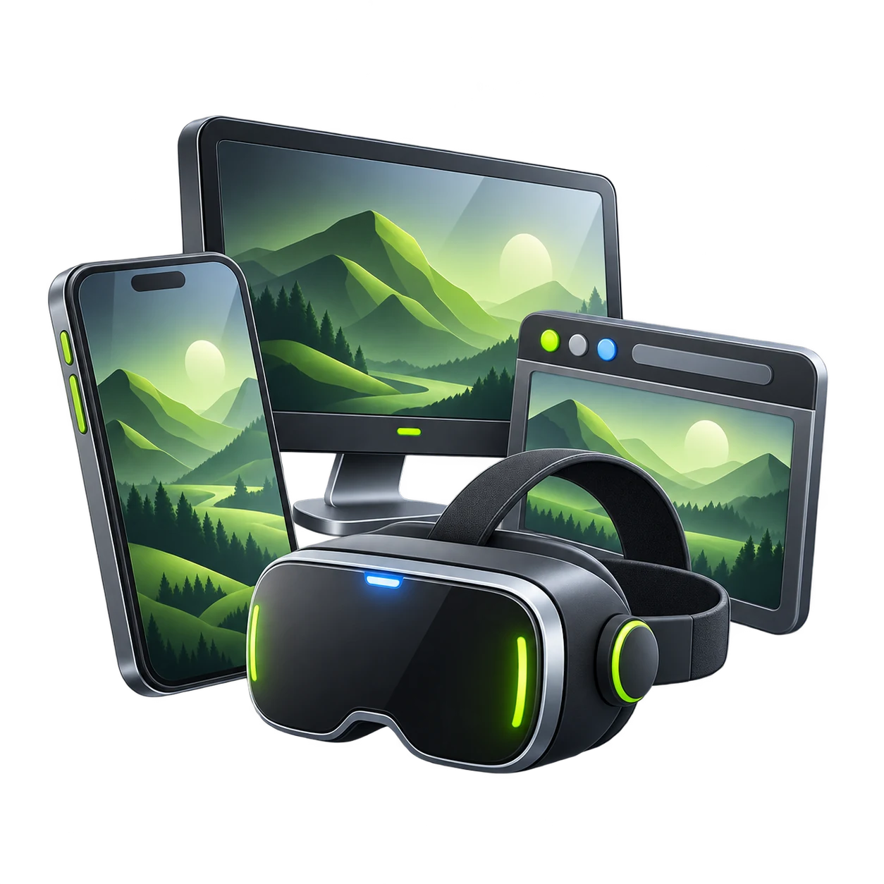Mobile, desktop, browser and VR devices representing platform coverage