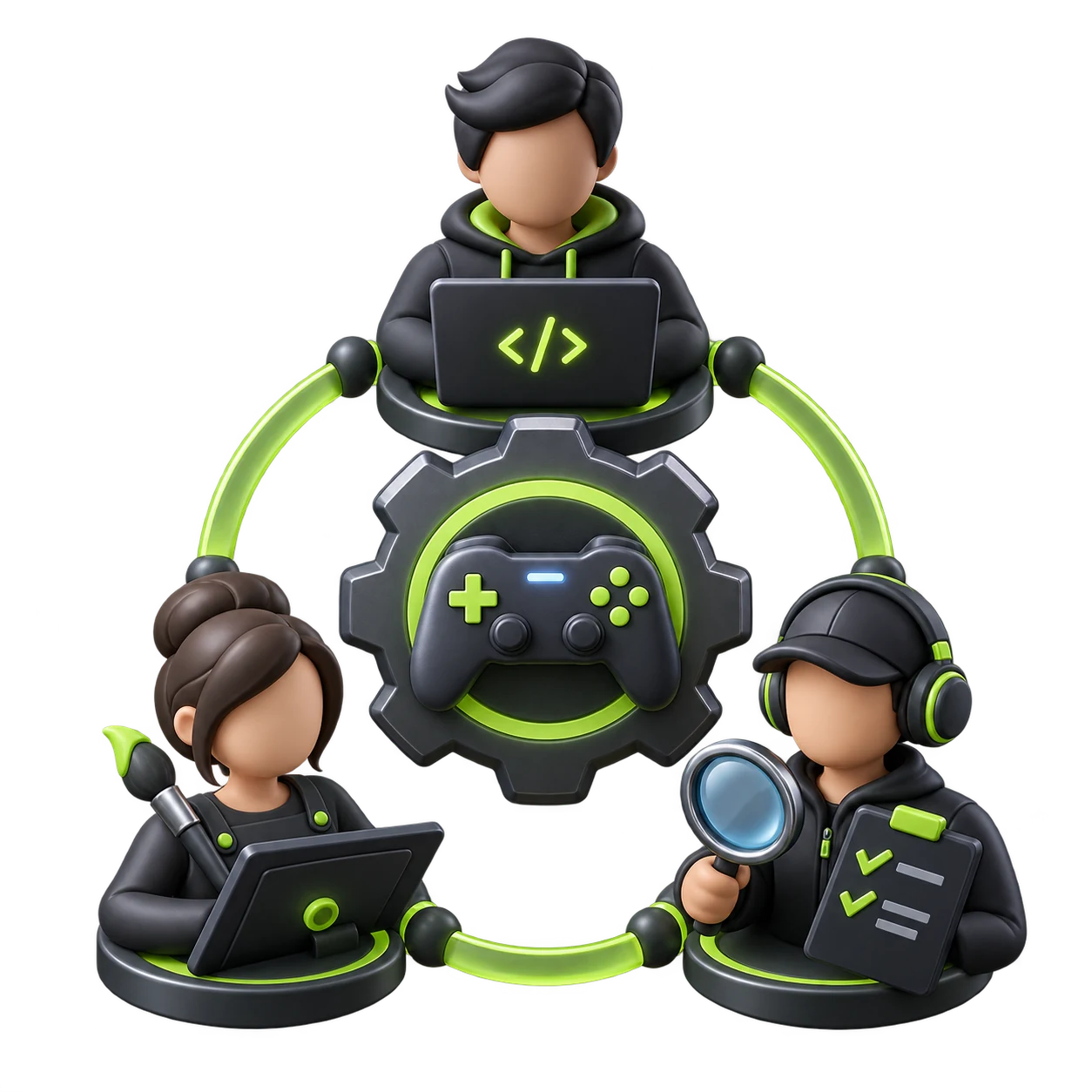 Connected game development specialists representing a multidisciplinary production team